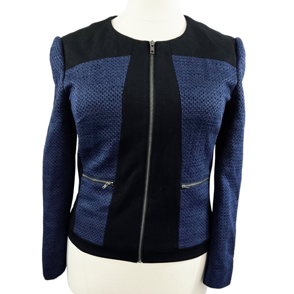Halogen Black Ponte Knit Blue Metallic Mixed Media Collarless Zip Jacket